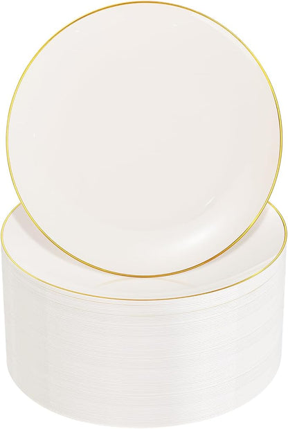 Nervure 100Pcs Ivory and Gold Plastic Plates - 7.5inch Disposable Ivory Dessert/Salad Plates - Heavy Duty Plastic Plate Ideal for Wedding & Party