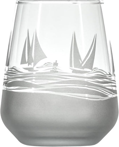 Rolf Glass Regatta Stemless Wine Tumbler 15.75 ounce | Proudly Made in the USA | Set of 4 Nautical Stemless Wine Glasses | Lead-Free Glass | Etched Tumbler Glasses