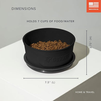 GUNNER Dog Bowl with Spill-Proof Travel Lid – 7.5" x 3.75", 1.3 lb, 7-Cup Capacity, BPA-Free, Rust-Proof, Shock-Resistant, Stackable, Dishwasher Safe, Leak-Resistant Nesting Lid – Black