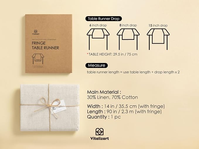 Vitalizart Beige Table Runner 14" x 90" Long Slub Texture Cotton Linen | Soft - Image 2