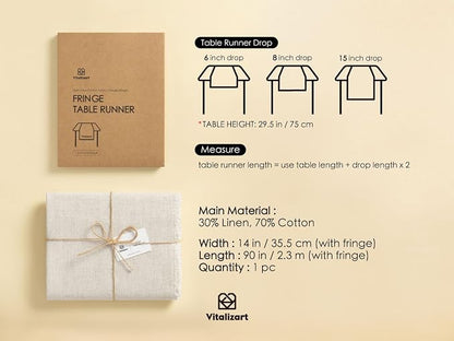 Vitalizart Beige Table Runner 14" x 90" Long Slub Texture Cotton Linen | Soft - Image 2