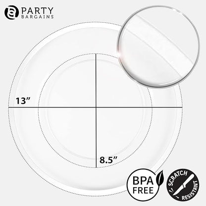 PARTY BARGAINS 13-Inch Charger Plates - 16 Pack, Clear White Rim, Heavy-Duty Disposable Chargers for Elegant Dining - Ideal for Weddings and Formal Events