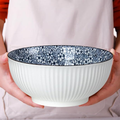 QINLANG Large Soup Bowls, Pho & Ramen Set of 3, 60 oz Blue & White Porcelain - Floral Pattern