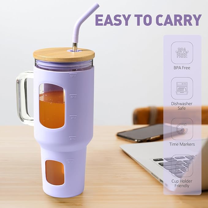 WINSA Glass Tumbler with Straw and Lid, 40 oz, Glass Water Bottles with Time - Image 6