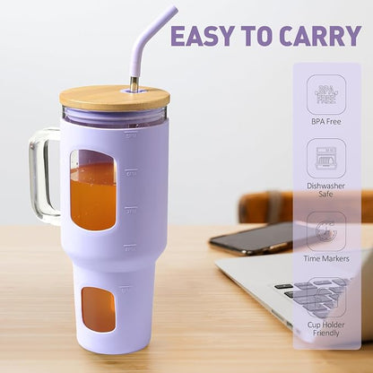 WINSA Glass Tumbler with Straw and Lid, 40 oz, Glass Water Bottles with Time - Image 6