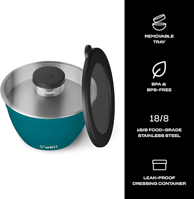 S'well Stainless Steel Salad Bowl Kit 64oz, Peacock Blue, Comes - Image 3