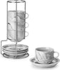 MALACASA 2.5 OZ Porcelain Espresso Cups with Saucers and Metal Stand Set of 4, Stackable Cappuccino Cups, Marble Gray Expresso Shots Cup Set for Coffee Drinks, Latte, Tea