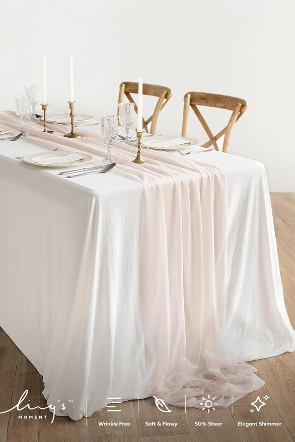 Ling's Moment 14Ft Blush Table Runner, Wedding Sheer Chiffon Table Runners | - Image 2
