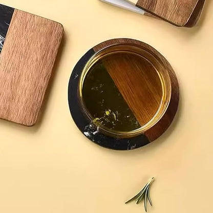 I-LAN Set of 4 Round 4x4 Inch Natural Wood & Marble Drink Coasters – for Coffee, Tea, Beer & Bar Glasses – Living Room, Dining, Bar Table Coasters