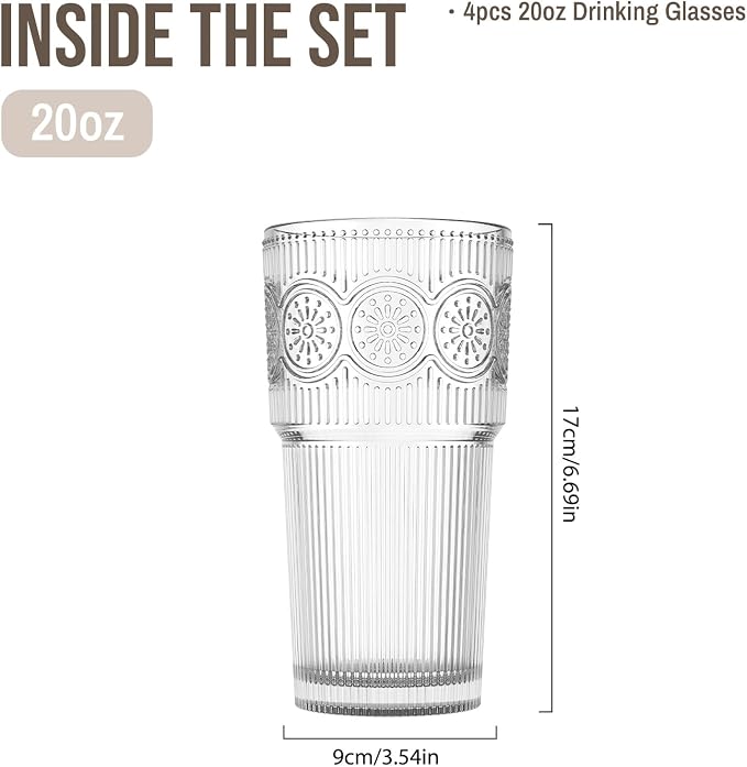 SoulTimes 20oz Drinking Glasses Set of 4, Large Thick Glass Cups Vintage - Image 4