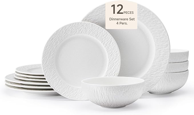 Dinnerware Sets for 4, 12-Piece plates and bowls sets, Matte Marble | Premium by KINGSTONE