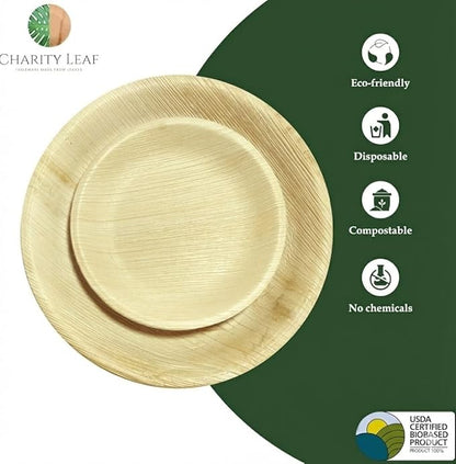 Charity Leaf 25-Pack 10" Round & 25-Pack 7" Round Compostable Palm Leaf Plates | Perfect for Parties, Weddings, and Catering Events