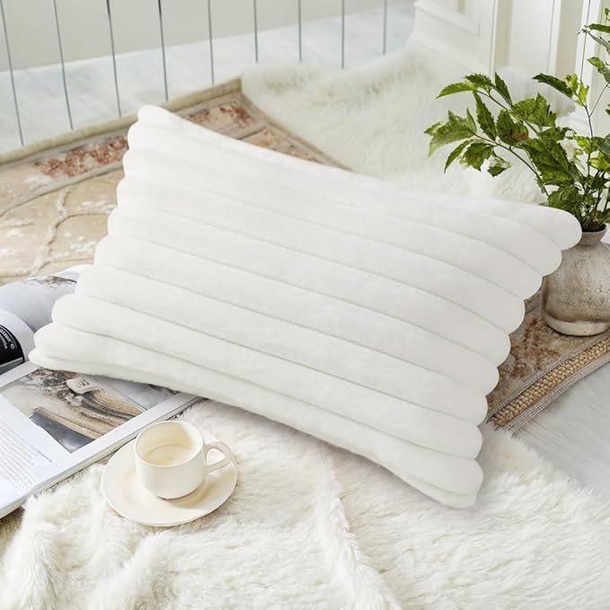 decorUhome Cozy Faux Fur Throw Pillow Covers 12x20 Set of 2 Decorative Soft Plush Striped Lumbar Modern Farmhouse Boho Couch Pillow Cases with Velvet Back for Sofa Bed Living Room, White