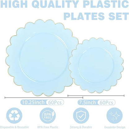 LIYH 120 Pcs Baby Blue Plastic Plates with Gold Edge - Disposable Light Blue Scalloped Baby Shower Plastic Plates Includes 60 Dinner Plate 10.25" & 60 Dessert Plate 7.5" for Birthday Party
