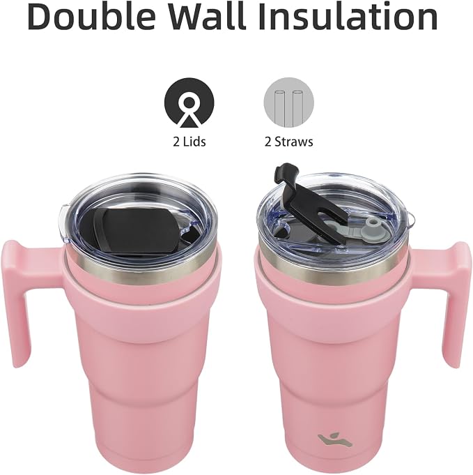 Konokyo 20 oz Tumbler with Handle and Straw, Insulated Travel Mug | Light Pink; - Image 3