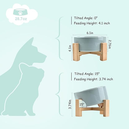 SPUNKYJUNKY 15° Slanted Ceramic Dog and Cat Bowl with Wooden Stand, Tilted Bulldog Food and Water Bowl No Slip Non-Spill for Cats Medium Dogs Big Face Pets 28.7 OZ (3.6 Cups, Morandi Green)