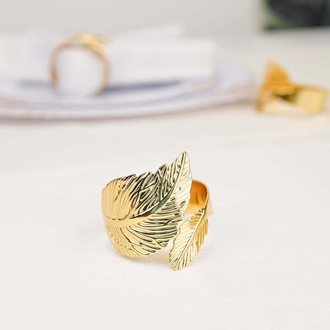 Efavormart 4 Pack | Metallic Gold Ornate Leaf Napkin Rings, Linen Napkin Holders - Image 5