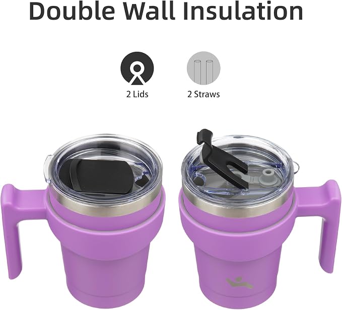 Konokyo 10 oz Tumbler with Handle and Straw, Insulated Travel Mug | Lavender; - Image 3