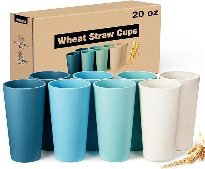 Hlukana Wheat Straw Cups Set of 8, 20 oz Unbreakable Drinking, Chip Resistant by Hlukana