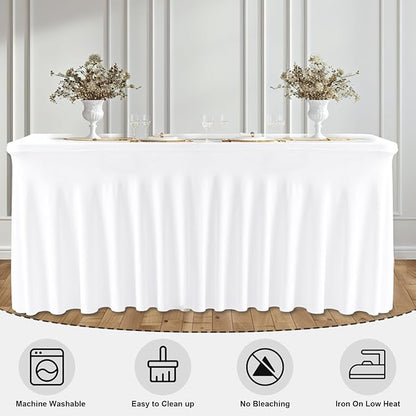 6 Pack White Rectangle Tablecloth 72 Inch with Elastic Skirt - Wrinkle-Resistant Spandex Fitted 6FT Table, Stretchable Table Cover for Wedding Banquet Birthday Party Buffet Restaurant