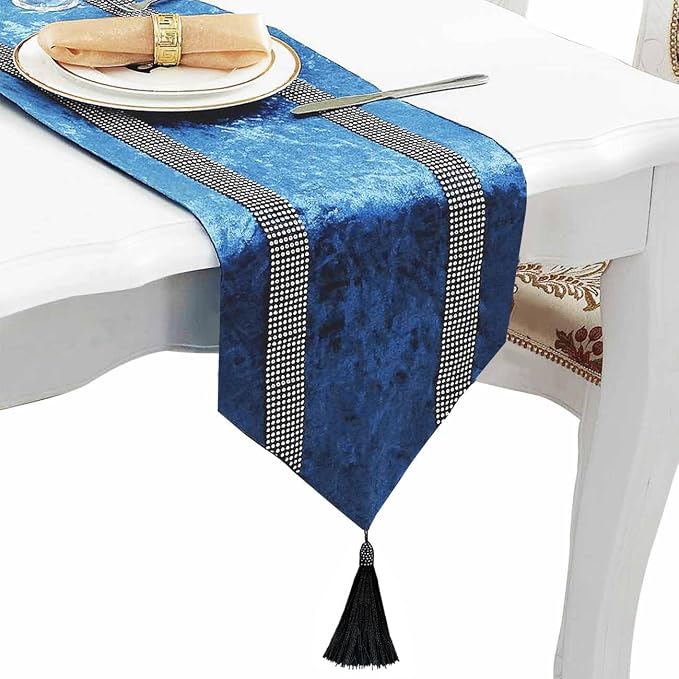 Elegant Blue Table Runner, Ombre Velvet, Diamante Stripes, Double-Layer by Jiino
