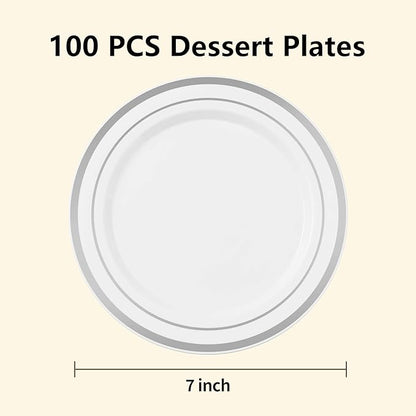BESTSTAR 7 Inch White Plastic Plates,100PCS Disposable Dessert/Appetizer/Small Cake Plates with Silver Rim,Heavy Duty Plate Ideal for Christmas, Wedding and Birthday