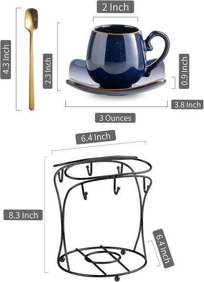 LYEOBOH 3oz Espresso Cups with Saucers, Small Coffee Cups Set of 6 with Spoons - Image 2