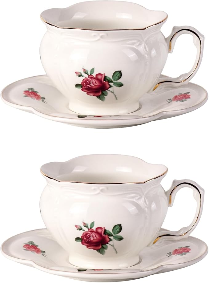 KAMMAK Tea Cups and Saucers Set of 2, 6.8 oz Porcelain Coffee Cups, 564N | by KAMMAK