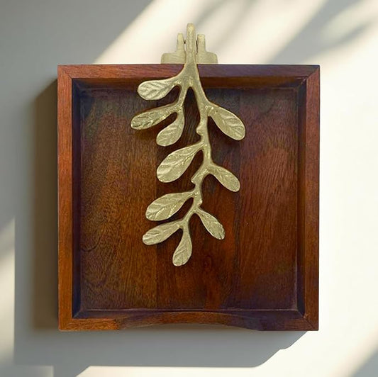 Napkin Holder - Solid Wood Brown Finish Home Decor & Kitchen Decor Table Countertop Serviette & Tissue Holder with Metal Ornament Arm in Silver Gold Finish - Indoor and Outdoor Use - Leaves Design