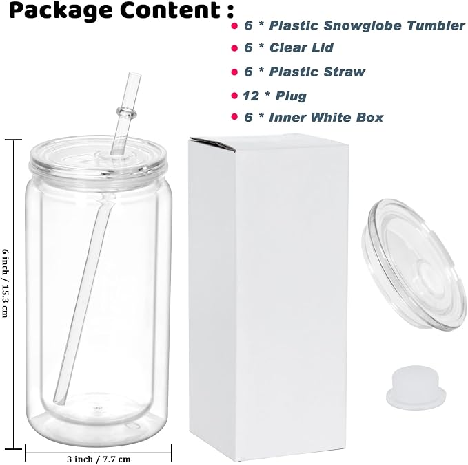16 Oz Plastic Snowglobe Tumbler, 6 Pack Pre-Drilled Double Wall Plastic Clear - Image 6