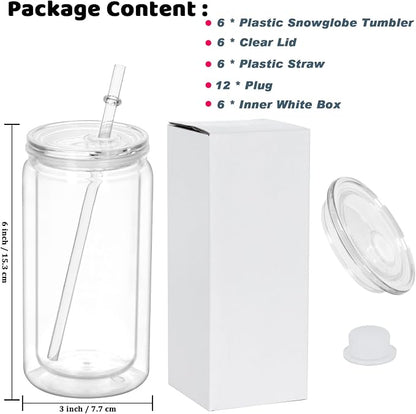 16 Oz Plastic Snowglobe Tumbler, 6 Pack Pre-Drilled Double Wall Plastic Clear - Image 6