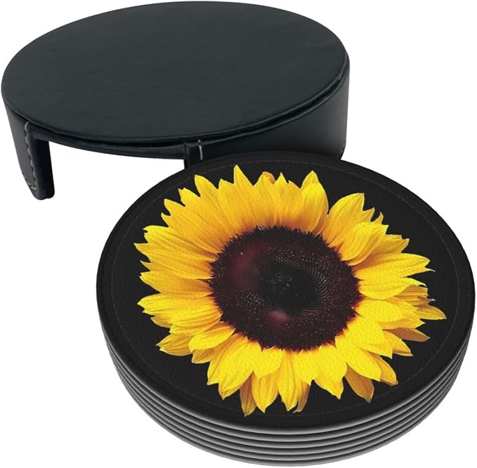 6 Pcs Black Farmhouse Blossom Sunflower Leather Coasters - Image 3
