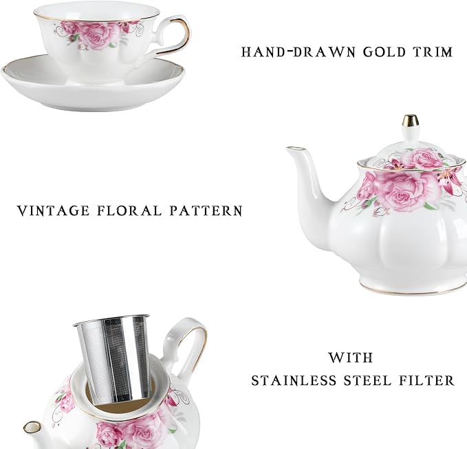 Sweejar Porcelain Tea Set Vintage Floral, British Relief Gold Rim Teapot Cup - Image 2