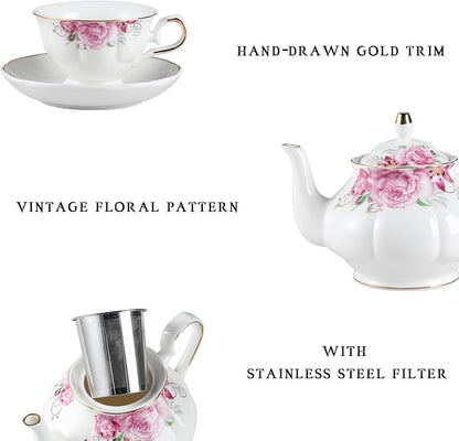 Sweejar Porcelain Tea Set Vintage Floral, British Relief Gold Rim Teapot Cup - Image 2