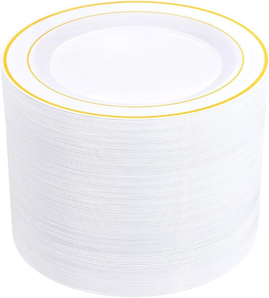 bUCLA 100Pieces Gold Plastic Dinner Plates - 10.25inch White and Gold Plates Disposable for Party - Ideal for Wedding, Party & Daily Use