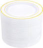 bUCLA 100Pieces Gold Plastic Dinner Plates - 10.25inch White and Gold Plates Disposable for Party - Ideal for Wedding, Party & Daily Use
