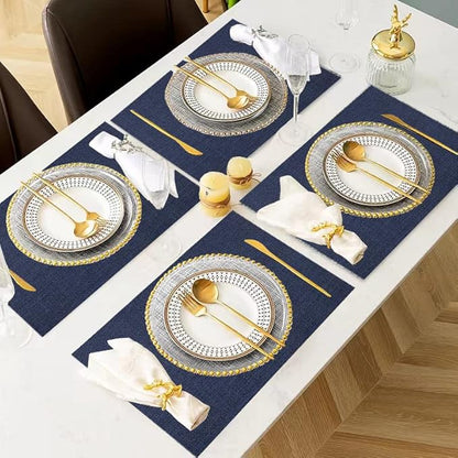 DACHUI Placemats Set of 6, Linen Look Woven Place Mats, Water Resistant, Heat Resistant, Washable, Durable Table Mats (Navy Blue)