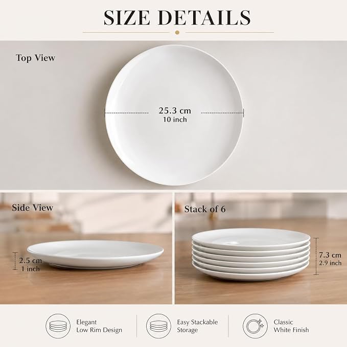White Dinner Plates Set of 6, 10 Inch Ceramic Plates – White Porcelain Dinner - Image 3
