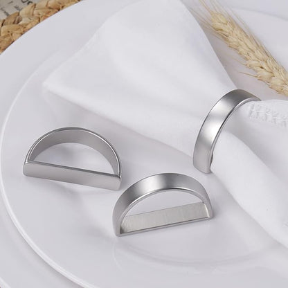 Cuff Brushed Silver Napkin Rings Set of 4, Modernist Napkin Ring Holder for Wedding, Banquet, Metallic Adornment for Table Settings, Glossy Serviette Buckles Decor (Semicircle - Silver)