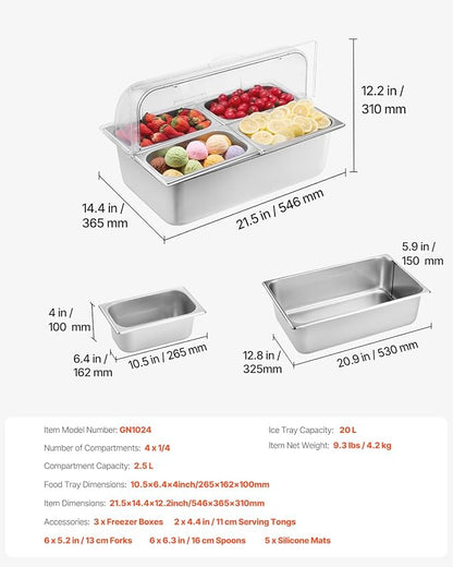 VEVOR Countertop Food Serving Display Container, 4 Pan Stainless Steel Food - Image 7