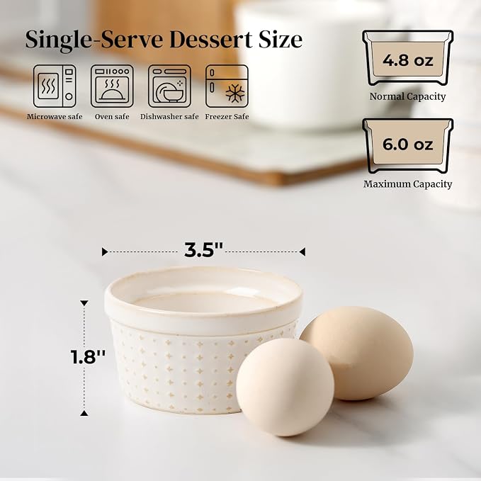 Dowan Ramekins 4 oz Oven Safe Set of 6, Arctic White Porcelain Baking Bowls and - Image 2