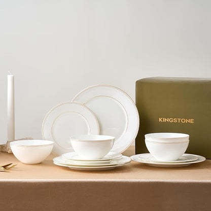 18Pcs Gold Trim White Bone China Set, Service - Image 9