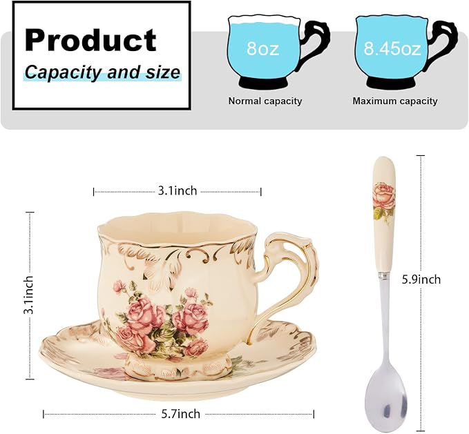 YOLIFE Tea Cups and Saucers Set of 2, 8 OZ Pink Rose | Ivory Vintage Porcelain - Image 2