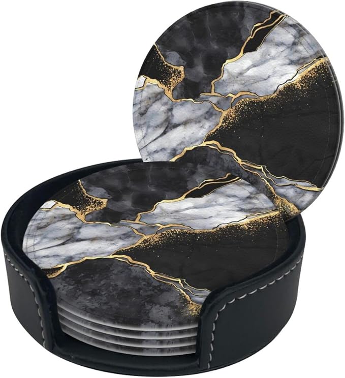 6 Pcs Black White Gray and Gold Marble Leather Coasters - Image 3