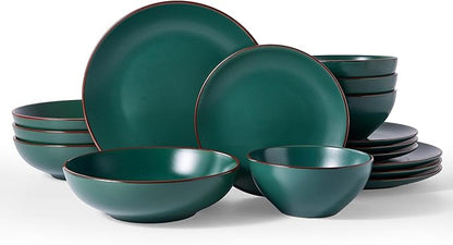Famiware Venus Speckled Dinnerware Set with Pasta Bowls, Service for 4 (16 Pieces), Stoneware Plates and Double Bowls Sets, Microwave & Dishwasher-Safe Dishes with Trim, Matte Dark Green