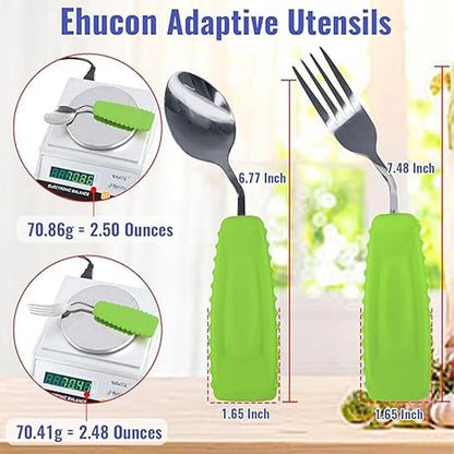 Adaptive Utensils for Hand Tremors,Weighted Utensils with Non-Slip Handle to Easy Grip for Elderly Use (Right Hand 1pc Fork+1 pc Spoon=2 pcs,Green)