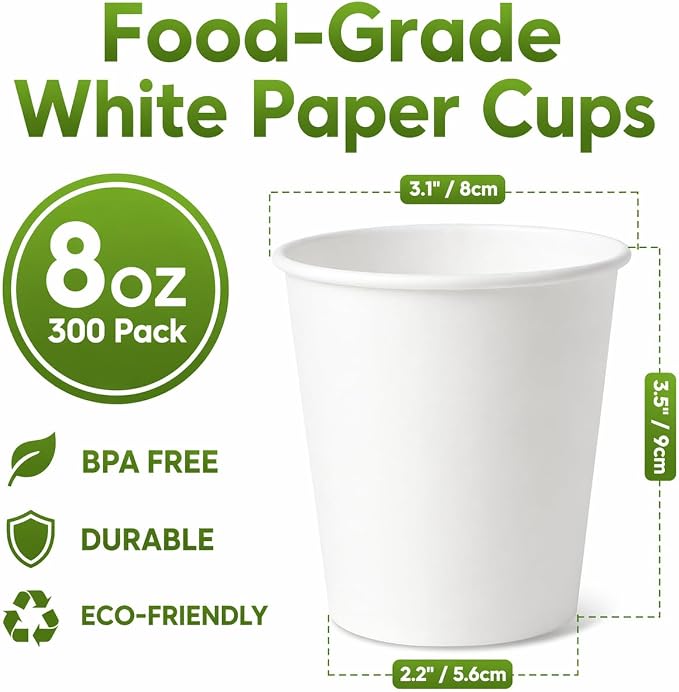Glotoch Express Paper Cups 8 oz 300 Pack Leak-Proof Disposable Coffee Cups | - Image 2