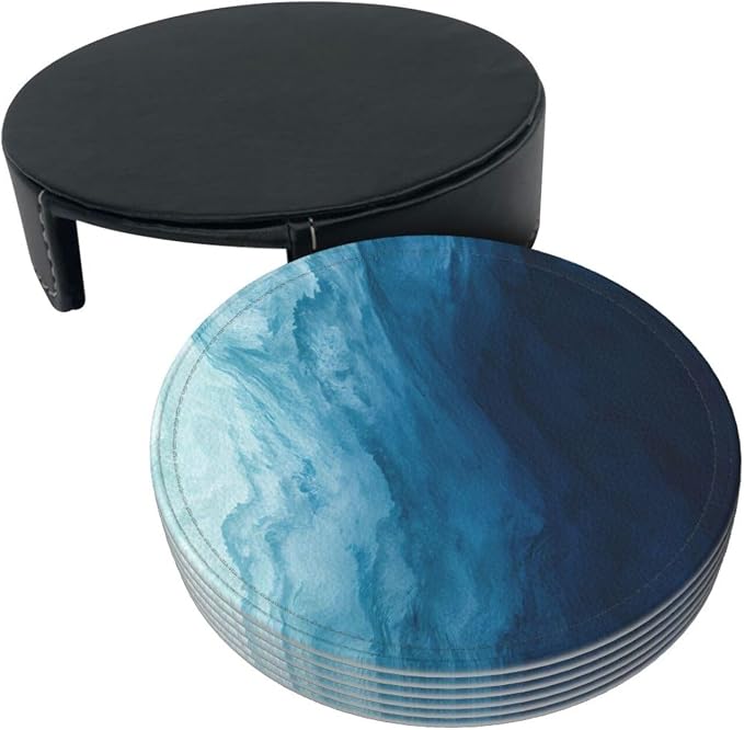 6 Pcs Blue Modern Art Leather Coasters - Image 3