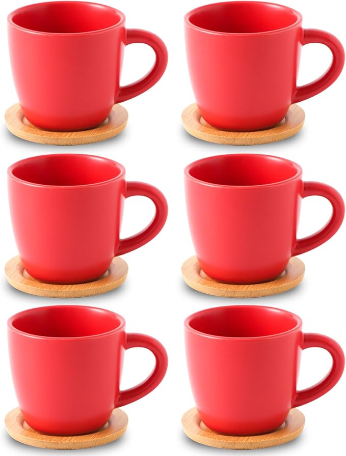 HASENSE Cappuccino Cups with Bamboo Saucers Set of 6, 8 OZ Ceramic Espresso by Hasense