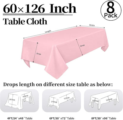 8 Pack Pink Tablecloth 60 x 126 Inch Rectangular Valentine’s Day Table Cloth for 8 Foot Rectangle Tables, Wrinkle Resistant Washable Fabric Polyester Table Covers for Wedding Party Banquet Buffet